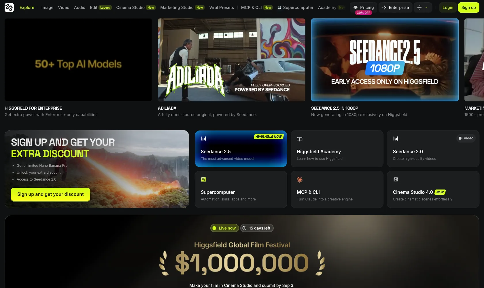Higgsfield&rsquo;s homepage: Image, Video, Audio, Edit, Cinema Studio, Marketing Studio, and Viral Presets across the top, with Seedance 2.5, the Academy, Supercomputer, and MCP & CLI below