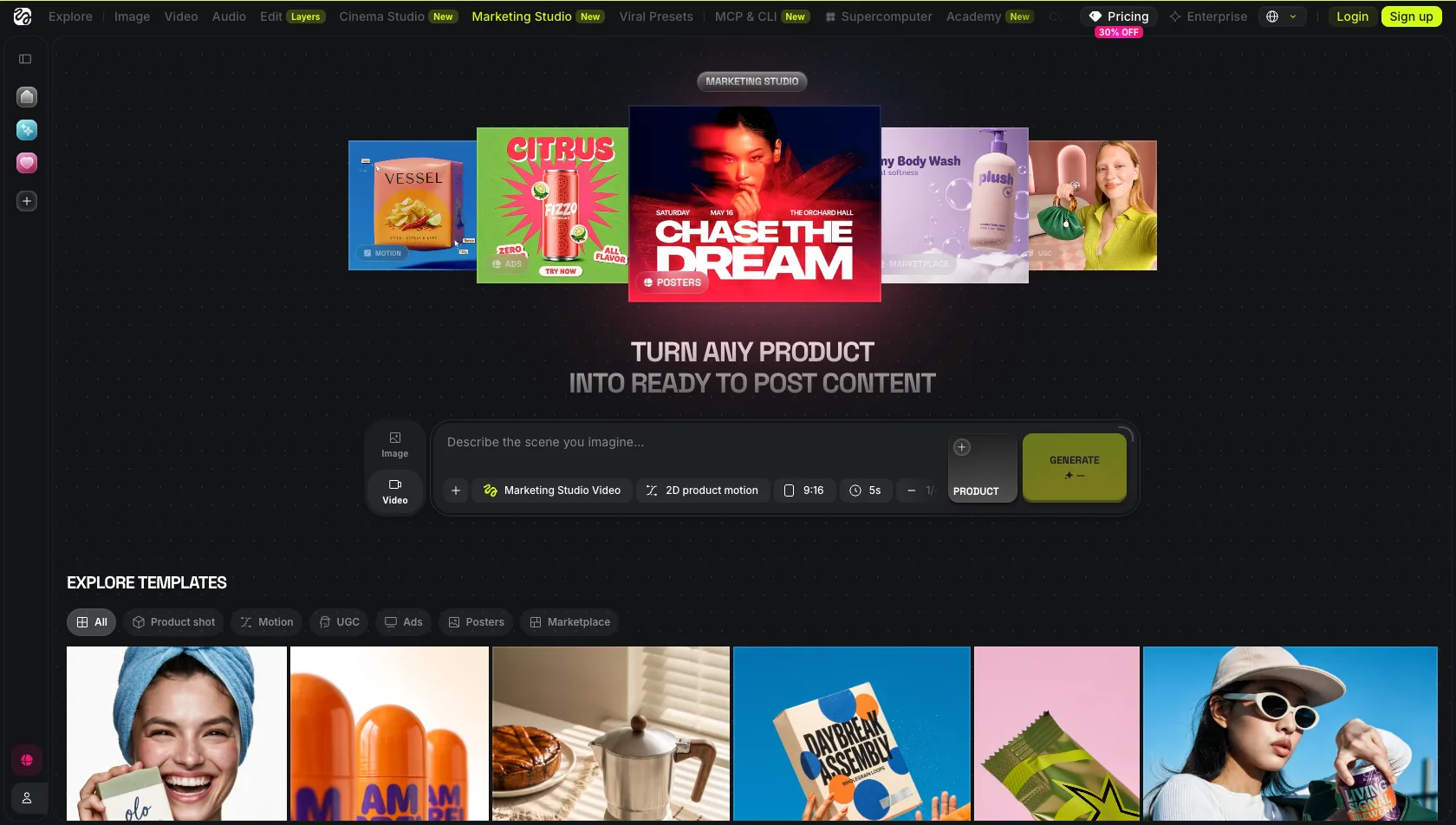 Marketing Studio in Video mode: the composer bar with Marketing Studio Video selected, and template categories including Product shot, Motion, UGC, Ads, and Posters