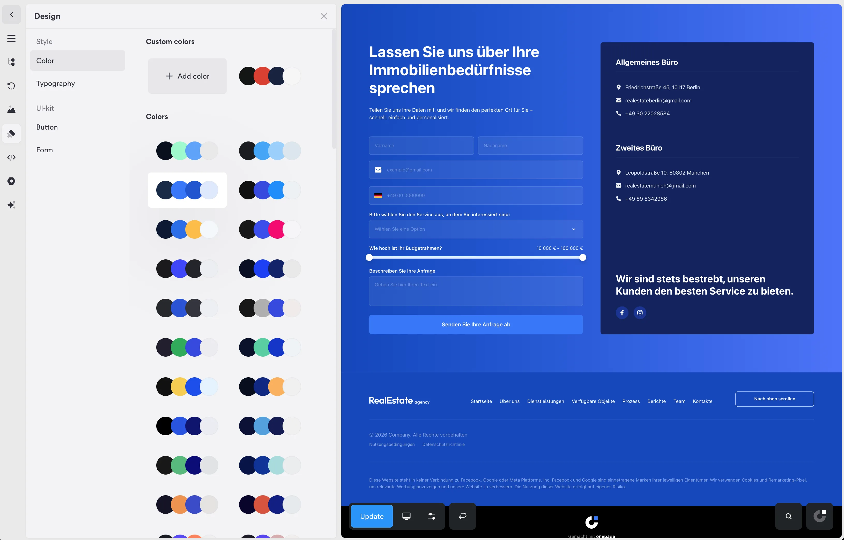 Onepage color panel recoloring a live contact-form page across the whole site instantly